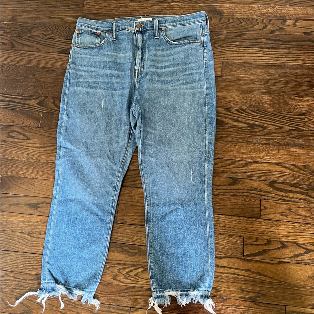 Madewell Womens The High-Rise Slim Crop Boyjean Distressed Denim Jeans Size 32.